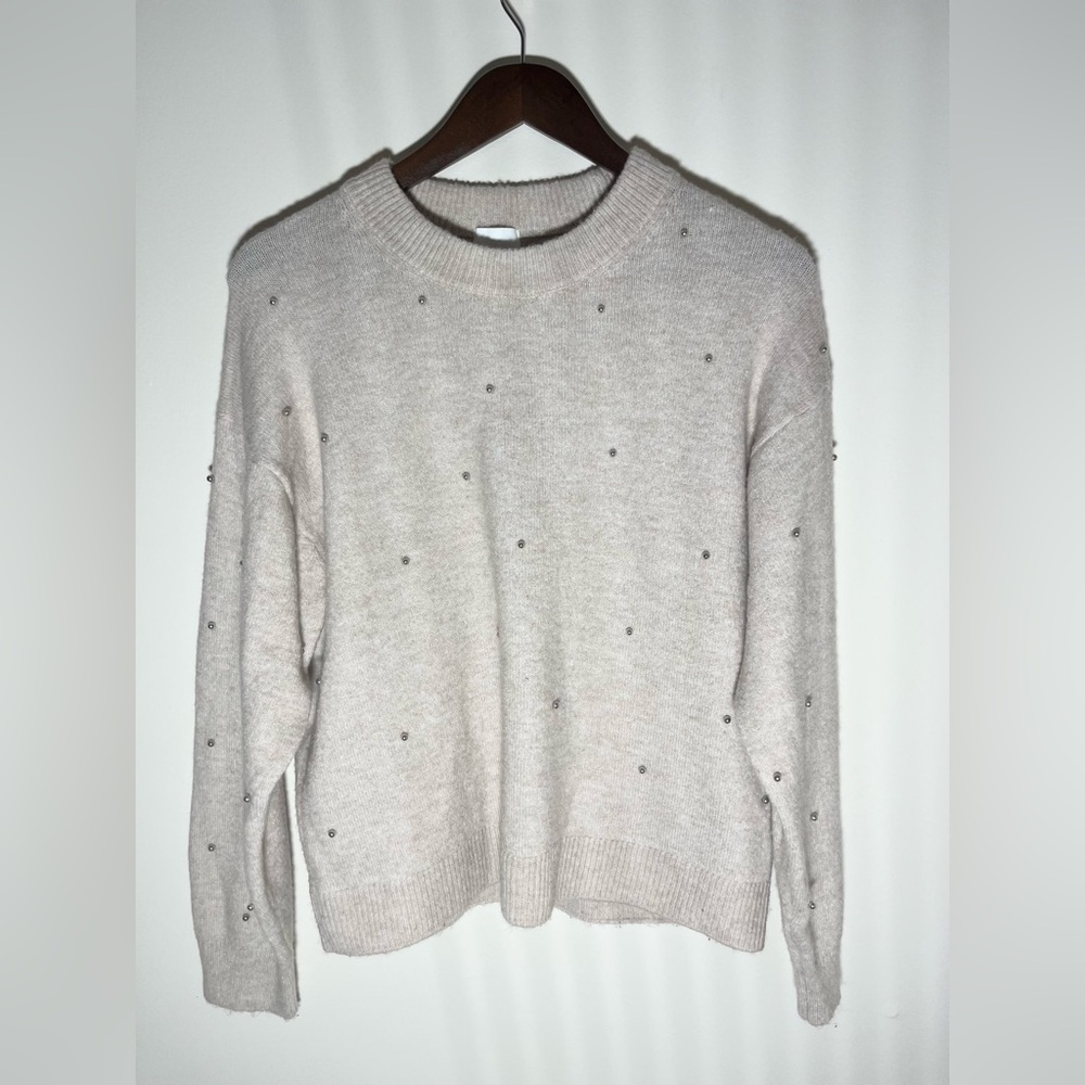 H&M Neutral Knitted Crewneck Sweater‎ Beaded Embellishments | Small